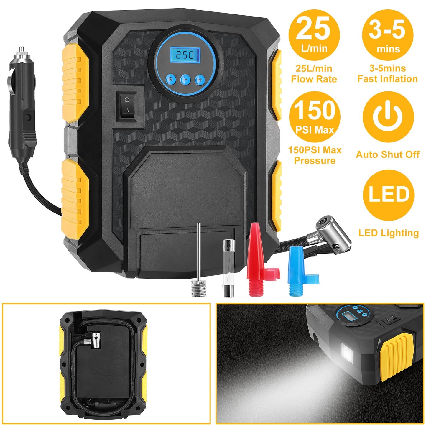 Tire Inflator 12V DC 120W 150PSI With LCD Electric Air Compressor 25L