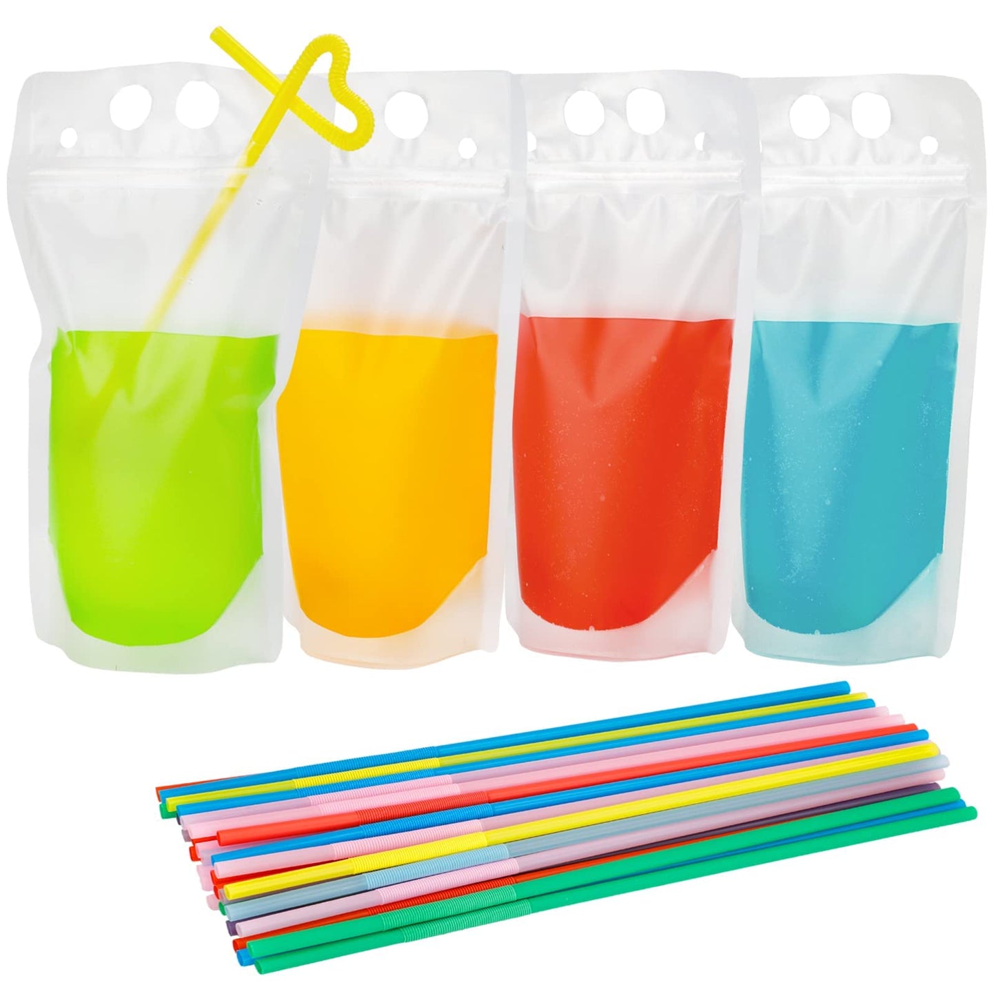 Tomnk 200PCS Drink Pouches Drink Pouches with 200 Straws Juice Pouches Smoothie Pouches Hand-held Translucent Reusable Plastic Smoothie Drink Pouches
