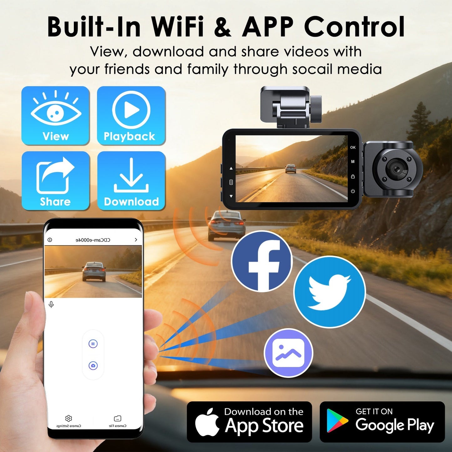 WiFi FHD 1080P 3 Channel Car Dash Cam Front Rear Inside With 32G MMC