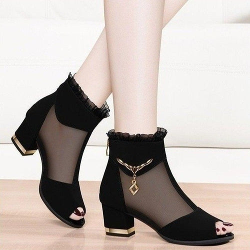Women's Sexy Frill Hollow Ankle Boots Chunky All Matching