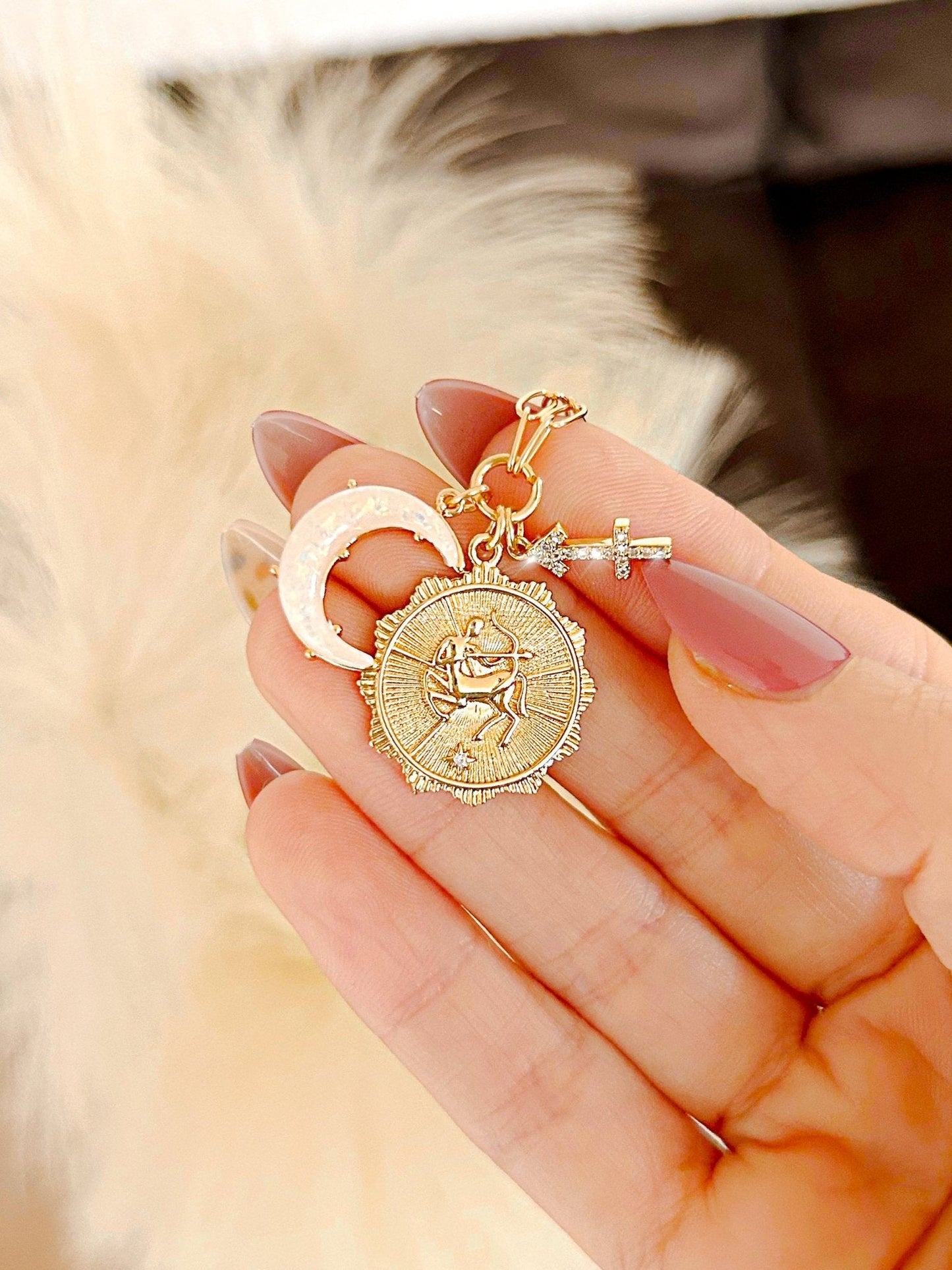 3 Charm Zodiac & Moon Cubic Zirconia Pendant Necklace