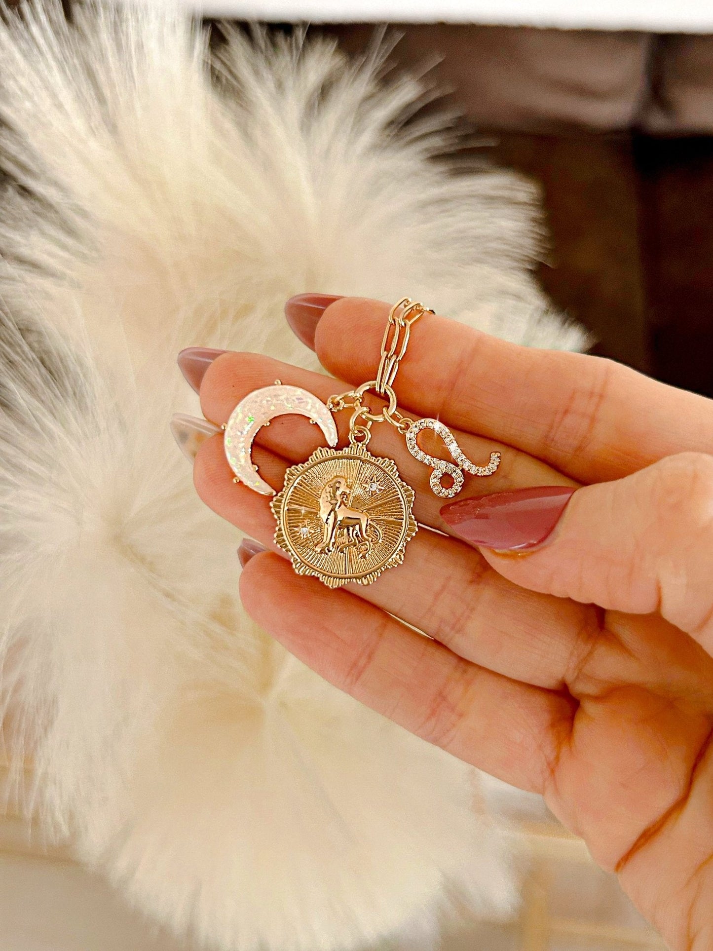 3 Charm Zodiac & Moon Cubic Zirconia Pendant Necklace