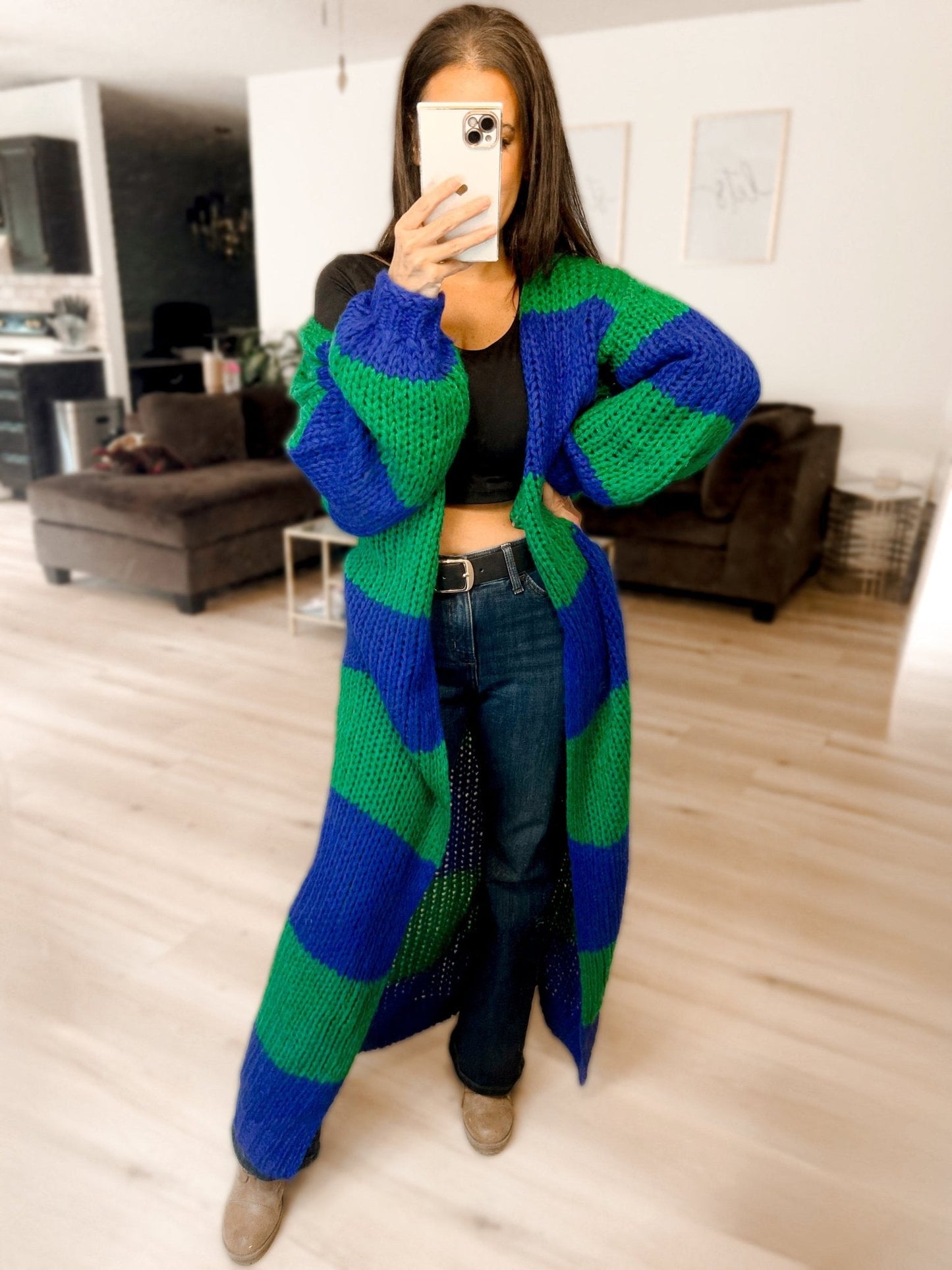 Oversized Chunky Striped Balloon Sleeve Duster