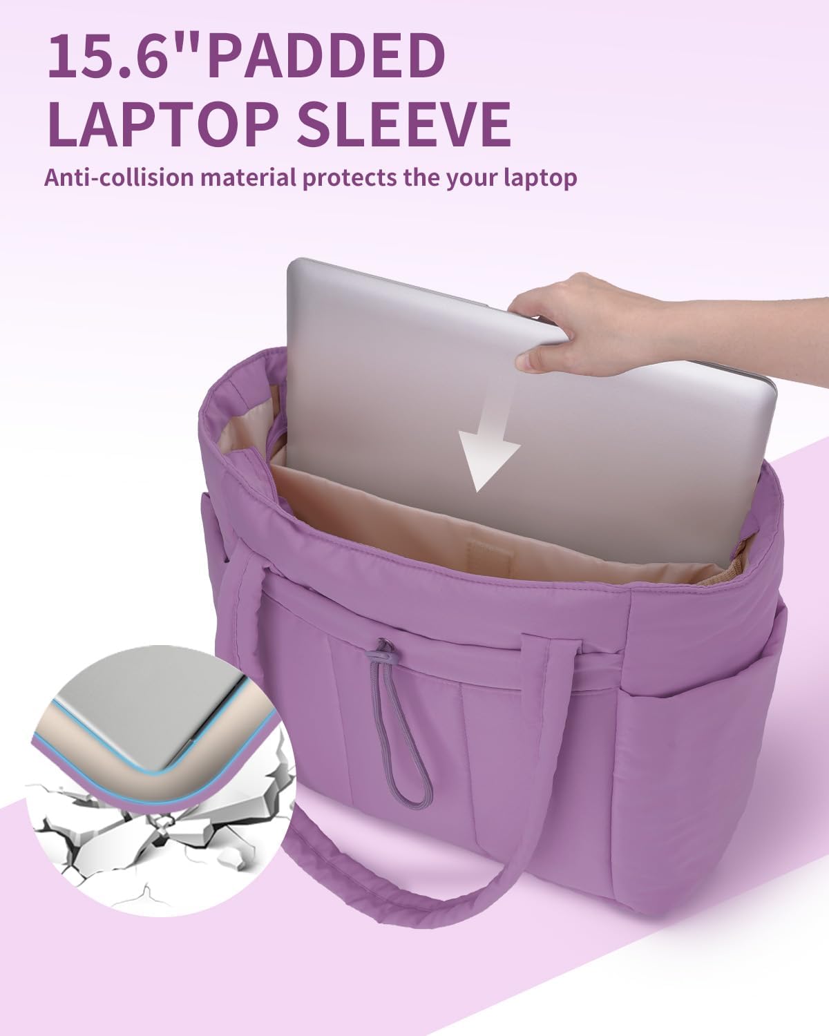 Quilted Puffer Tote Bag with Laptop Sleeve & Cup Holder 20L Travel Work